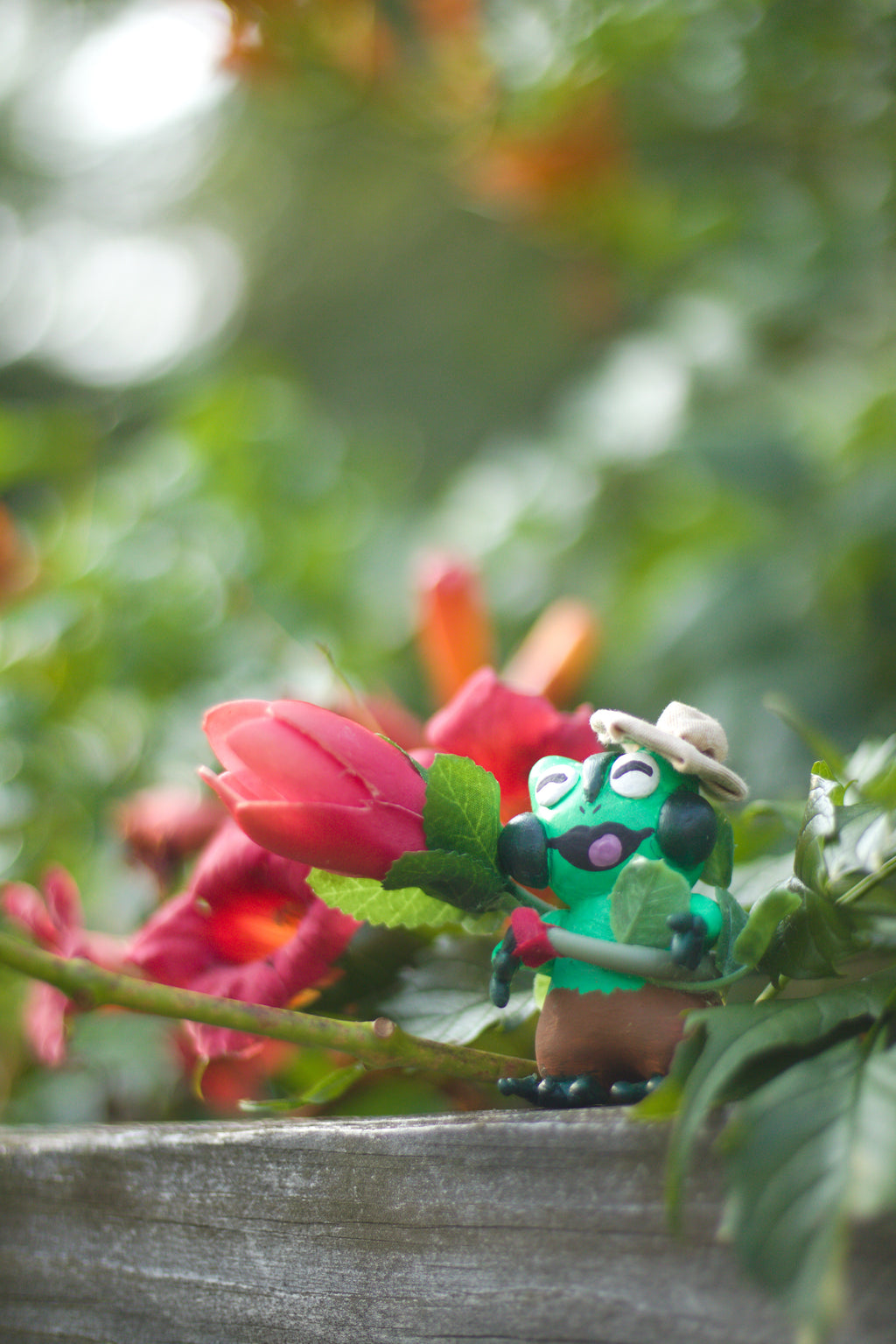 Sousatoed Playing with Trumpet Flowers 8x10